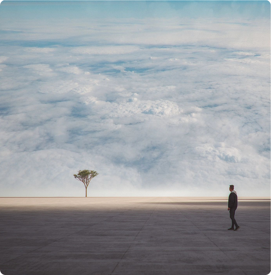 Person walking on vast, surreal landscape.
